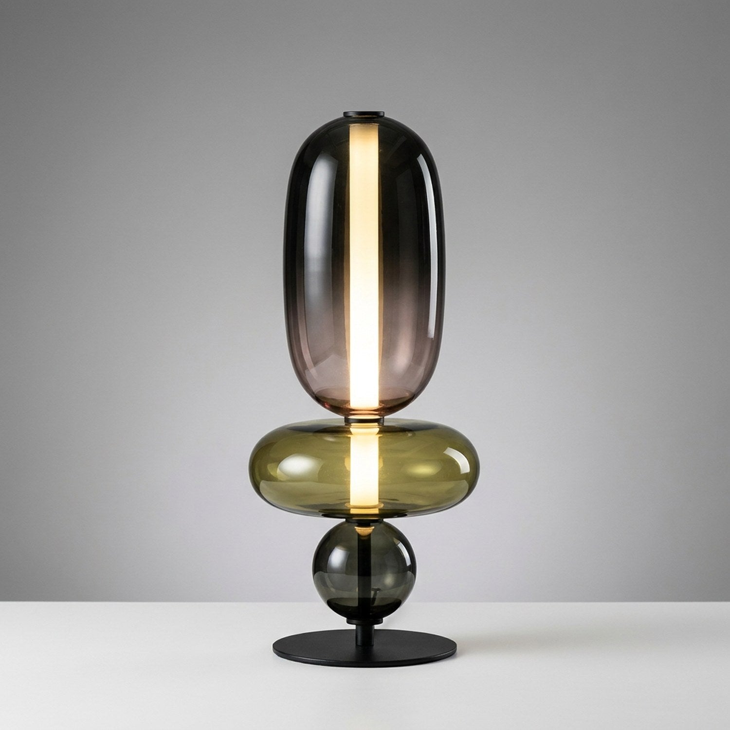 Lampe de table 3 globes verre fumé avec disque anneau olive variante Verte