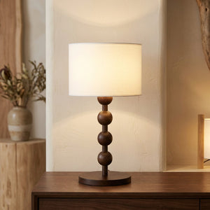 Lampe de table boulier bois foncé espresso, abat-jour tissu blanc