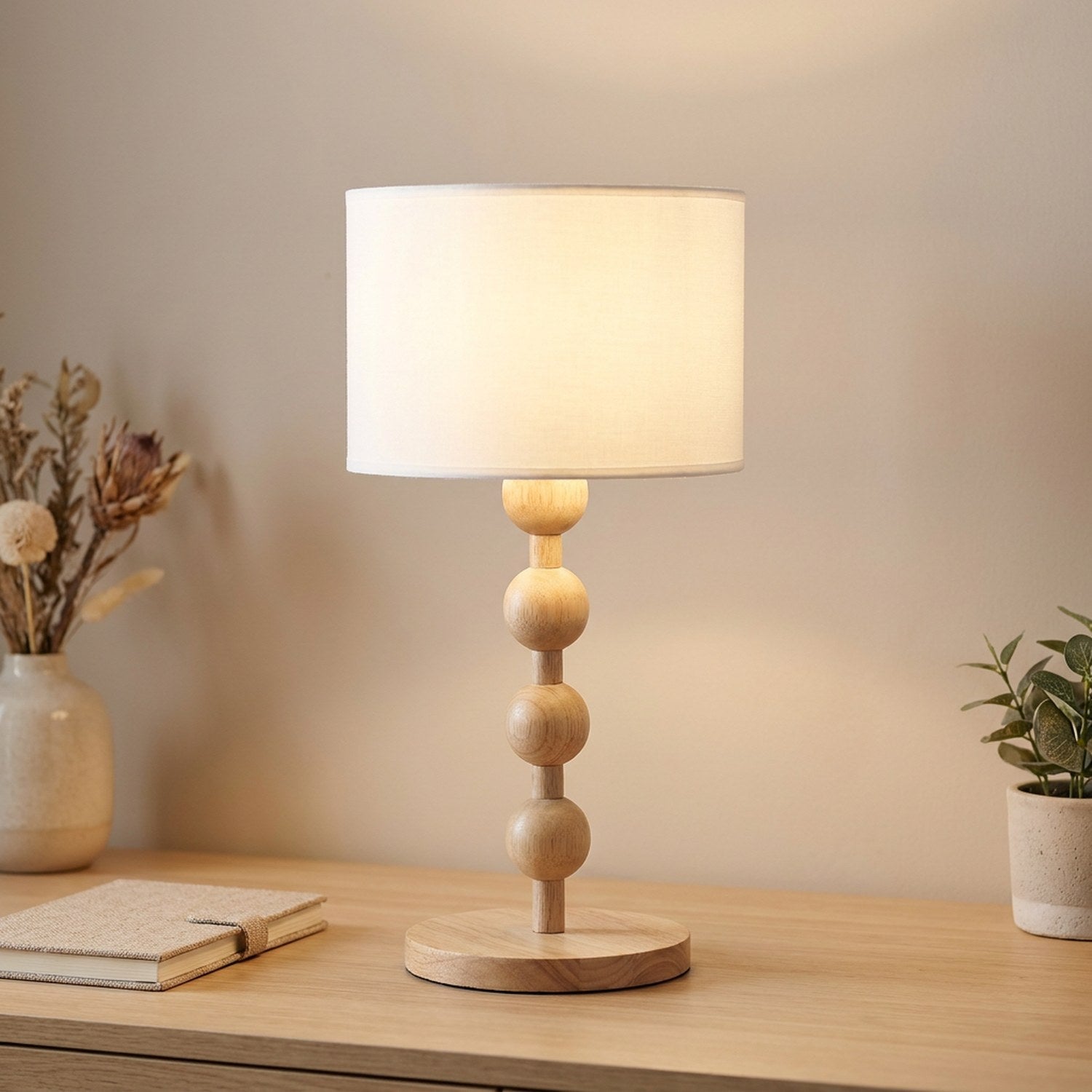 Lampe de table boulier bois naturel beige, abat-jour tissu blanc