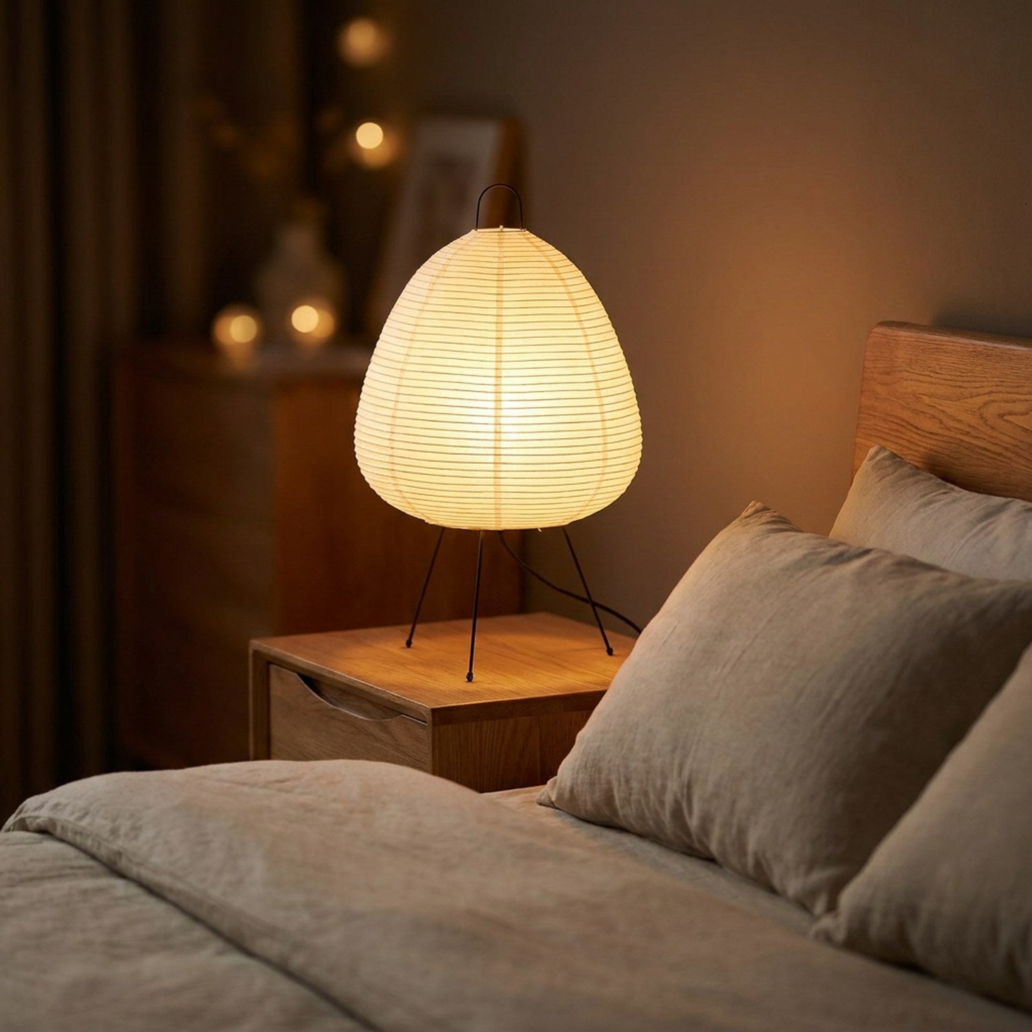 Lampe de table Noguchi conique sur table de chevet en bois dans chambre à coucher minimaliste