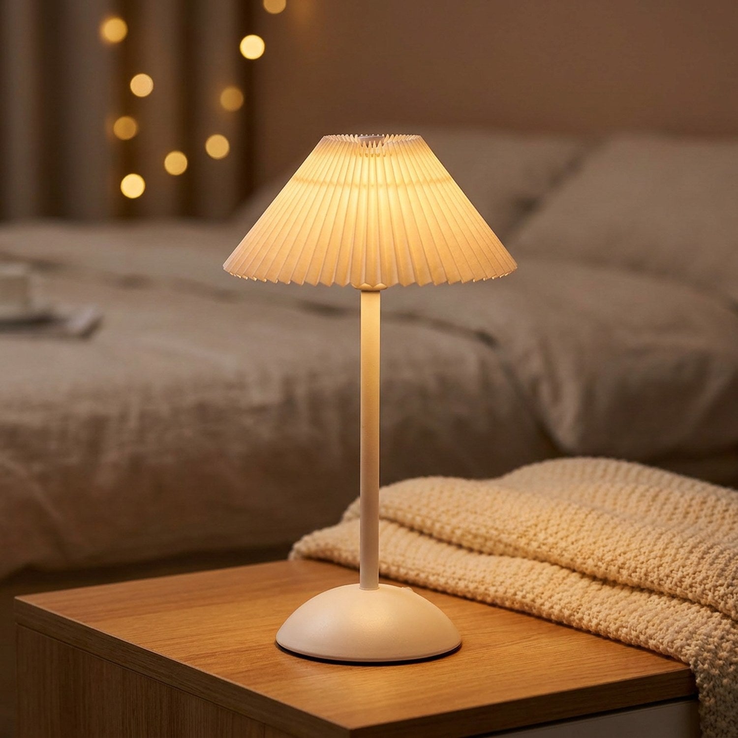 Lampe de table allumée en veilleuse tamisée sur une table de chevet le soir