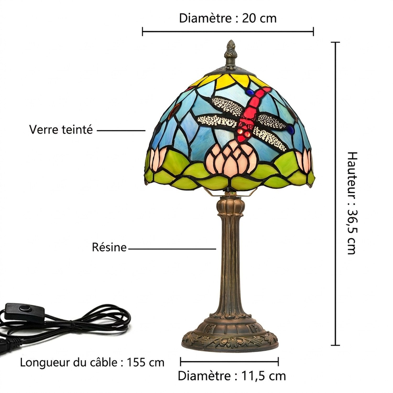Schéma des dimensions de la lampe vitrail Tiffany libellule en cm