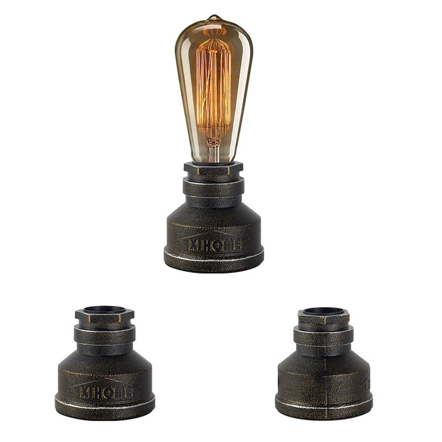 Lampe tuyau industrielle bronze avec ampoule à filament sur fond blanc