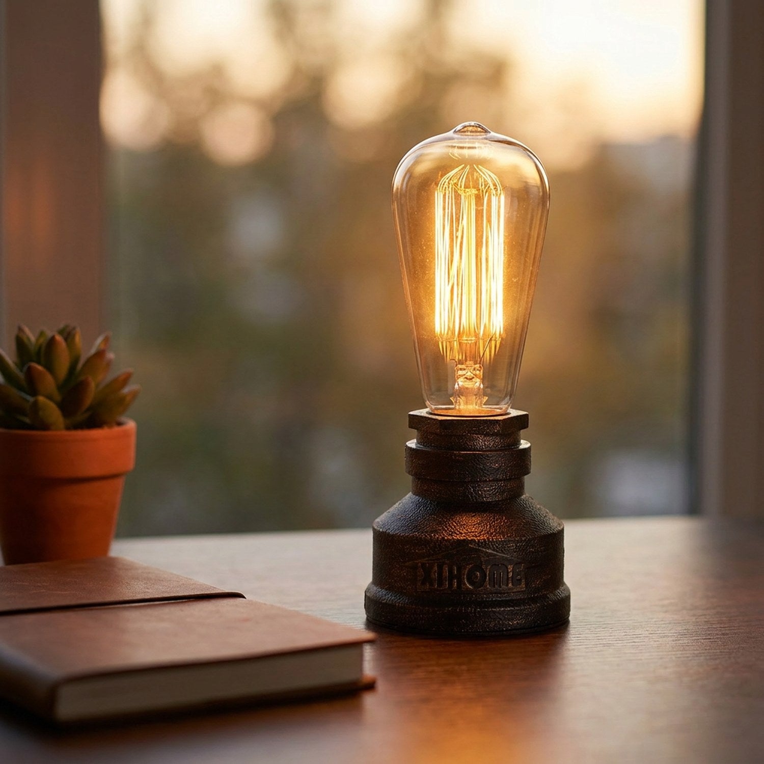 Lampe tuyau industrielle allumée sur un bureau en bois près d'un carnet et d'une plante
