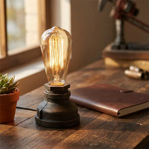 Lampe tuyau industrielle noir bronze allumée sur un bureau en bois