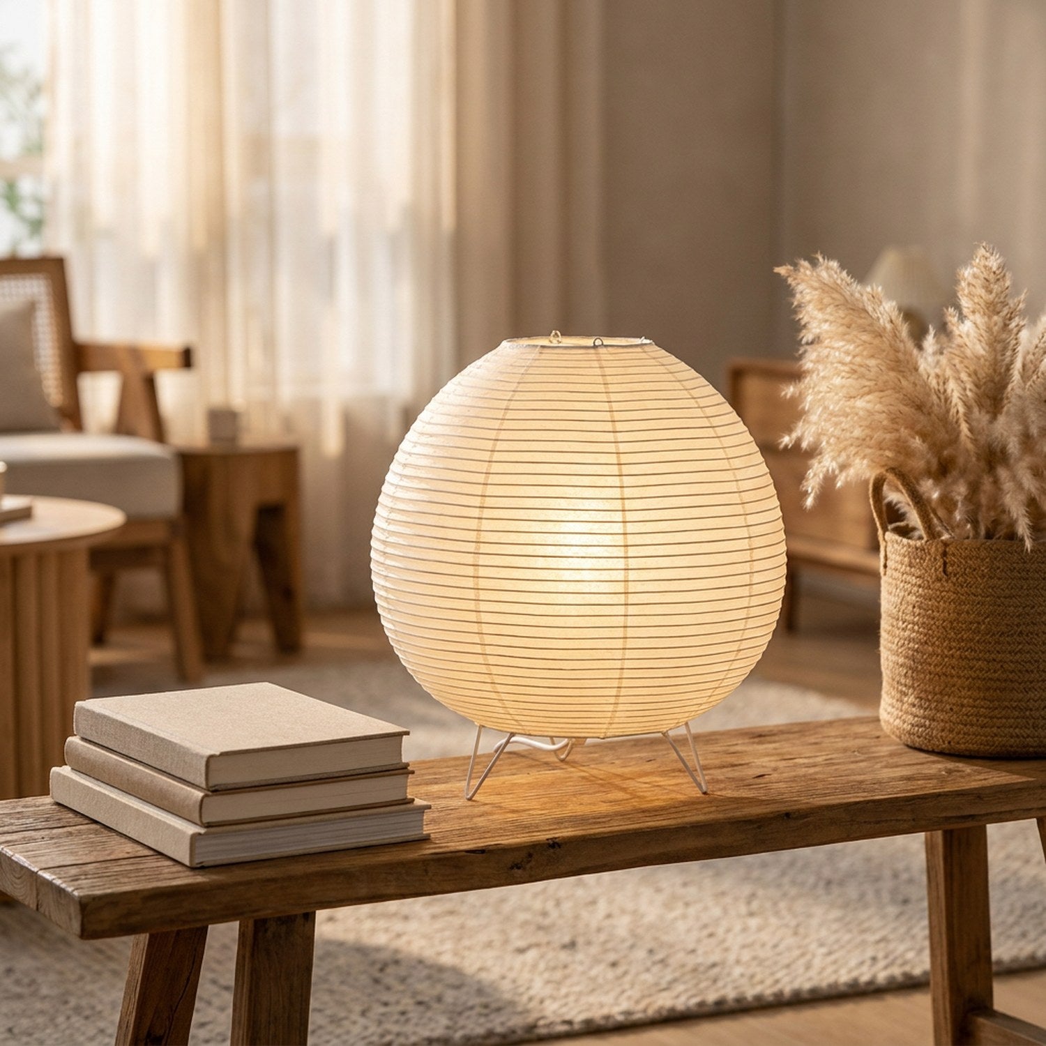 Lampe wabi-sabi allumée sur un meuble bas en bois avec livres et pampas dans un salon nordique