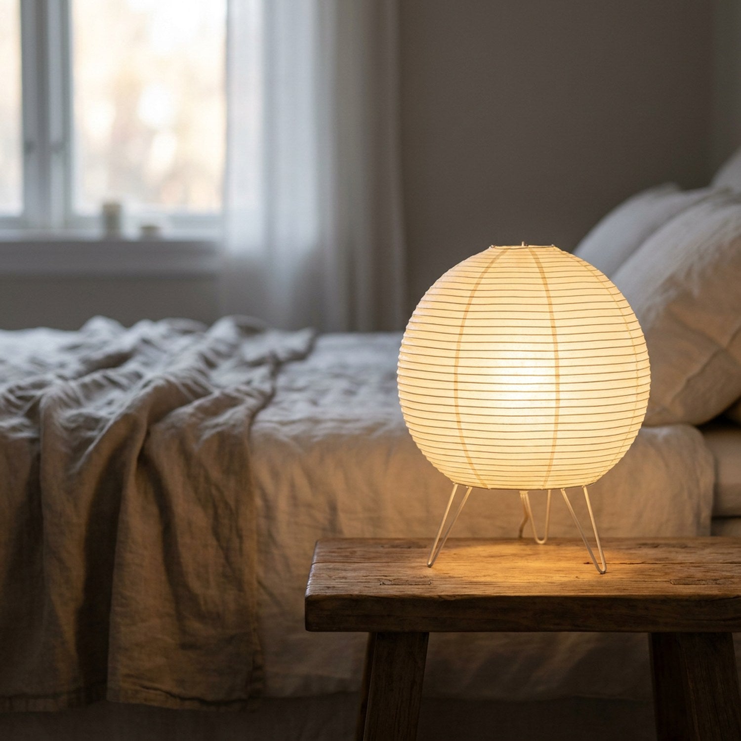 Lampe wabi-sabi en papier de riz allumée sur une table de chevet en bois près d'un lit en lin