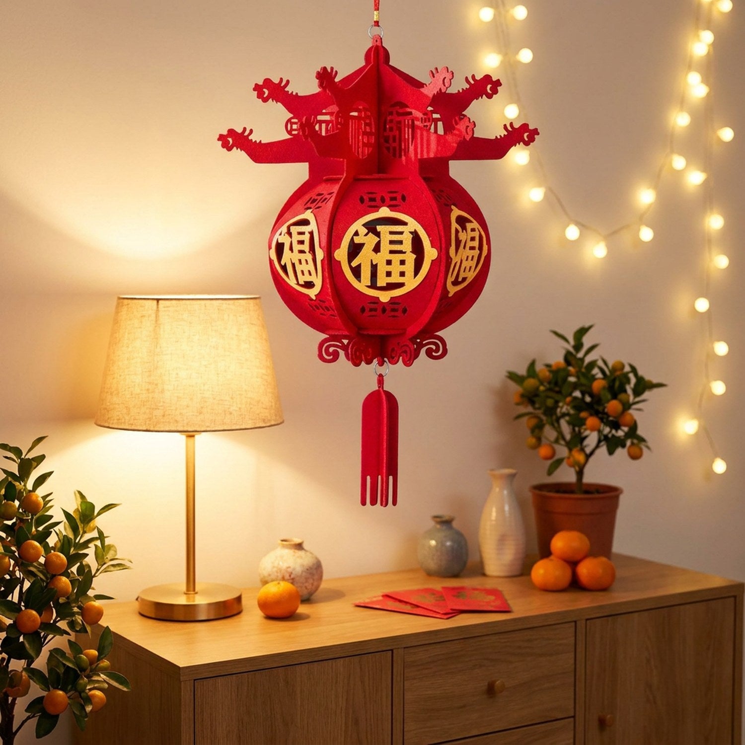 Lanterne chinoise rouge au-dessus d'un buffet en bois avec lampe et mandarinier