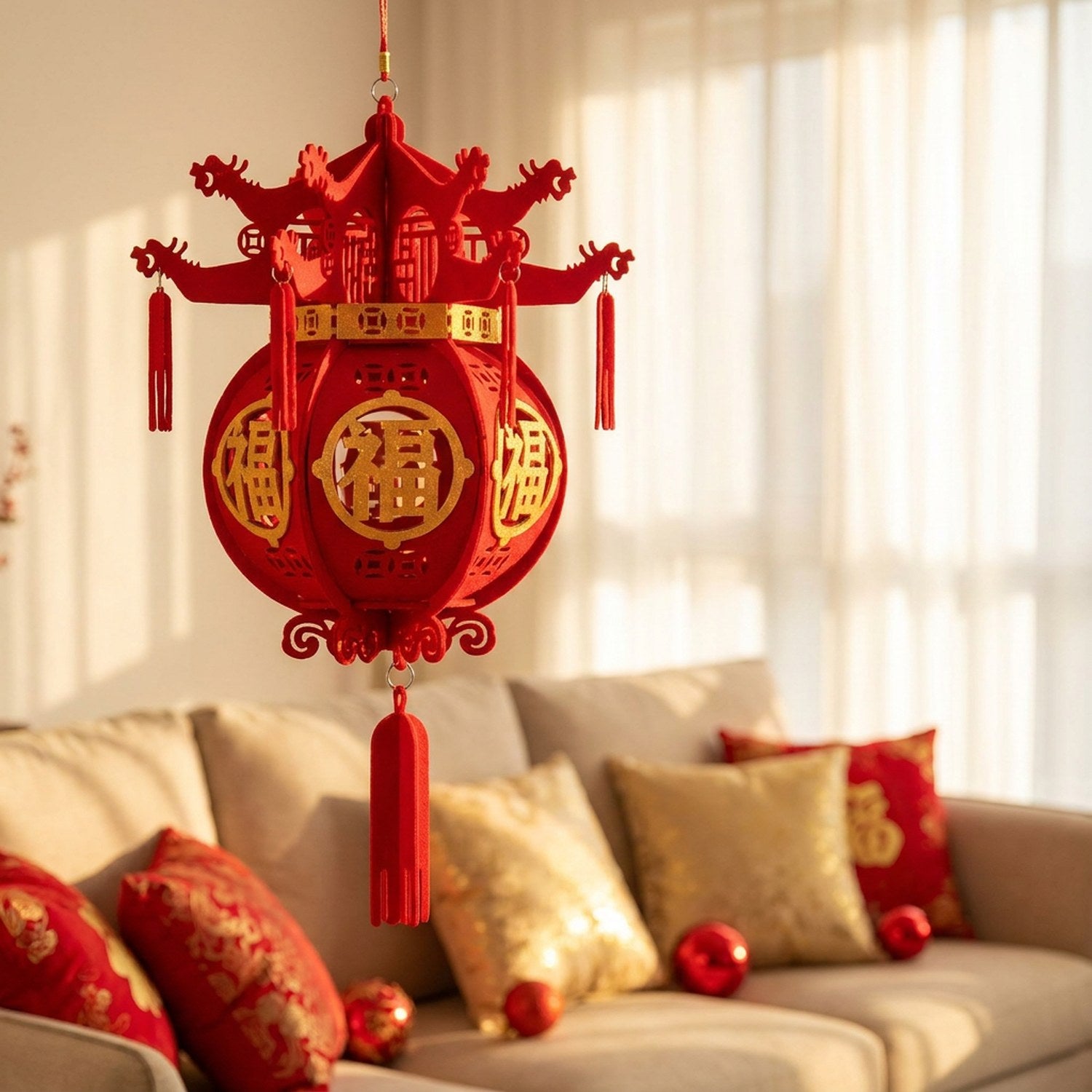 Lanterne chinoise rouge accrochée près d'une fenêtre lumineuse d'un salon
