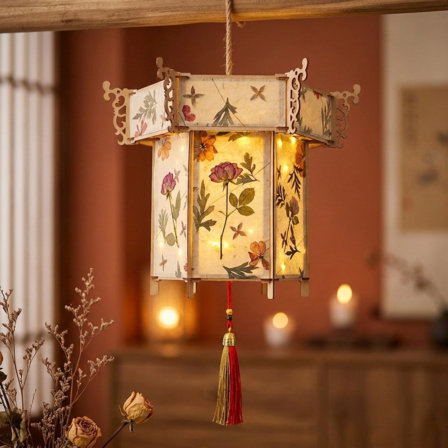 Lanterne chinoise de palais Pavillon en papier DIY avec fleurs séchées et guirlande LED