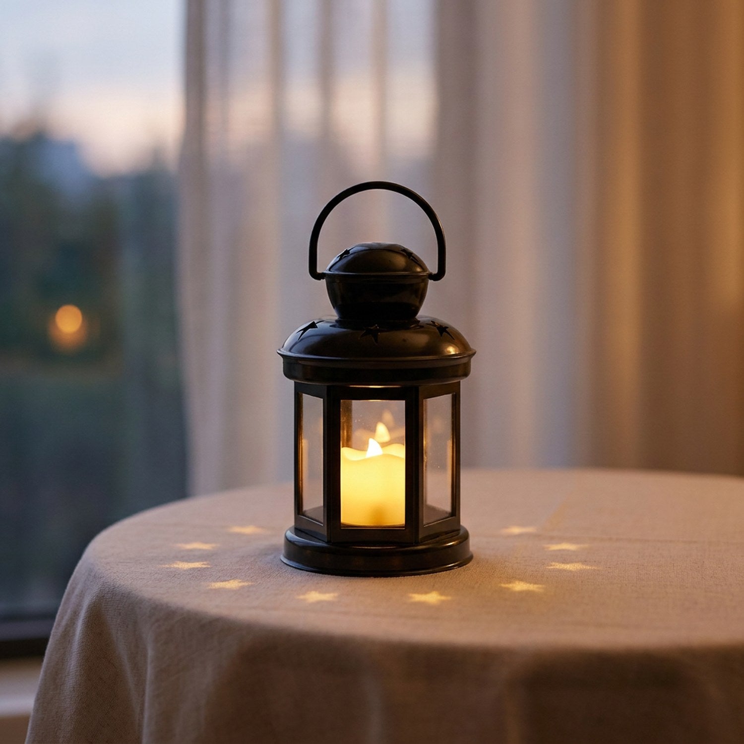 Lanterne étoile noire allumée diffusant une lumière en forme d'étoiles