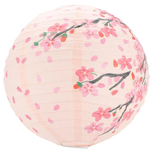 Lanterne japonaise en papier rose avec motifs fleurs de pêcher sur fond blanc