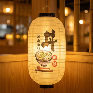 Lanterne japonaise motif bol donburi avec calligraphie et baguettes