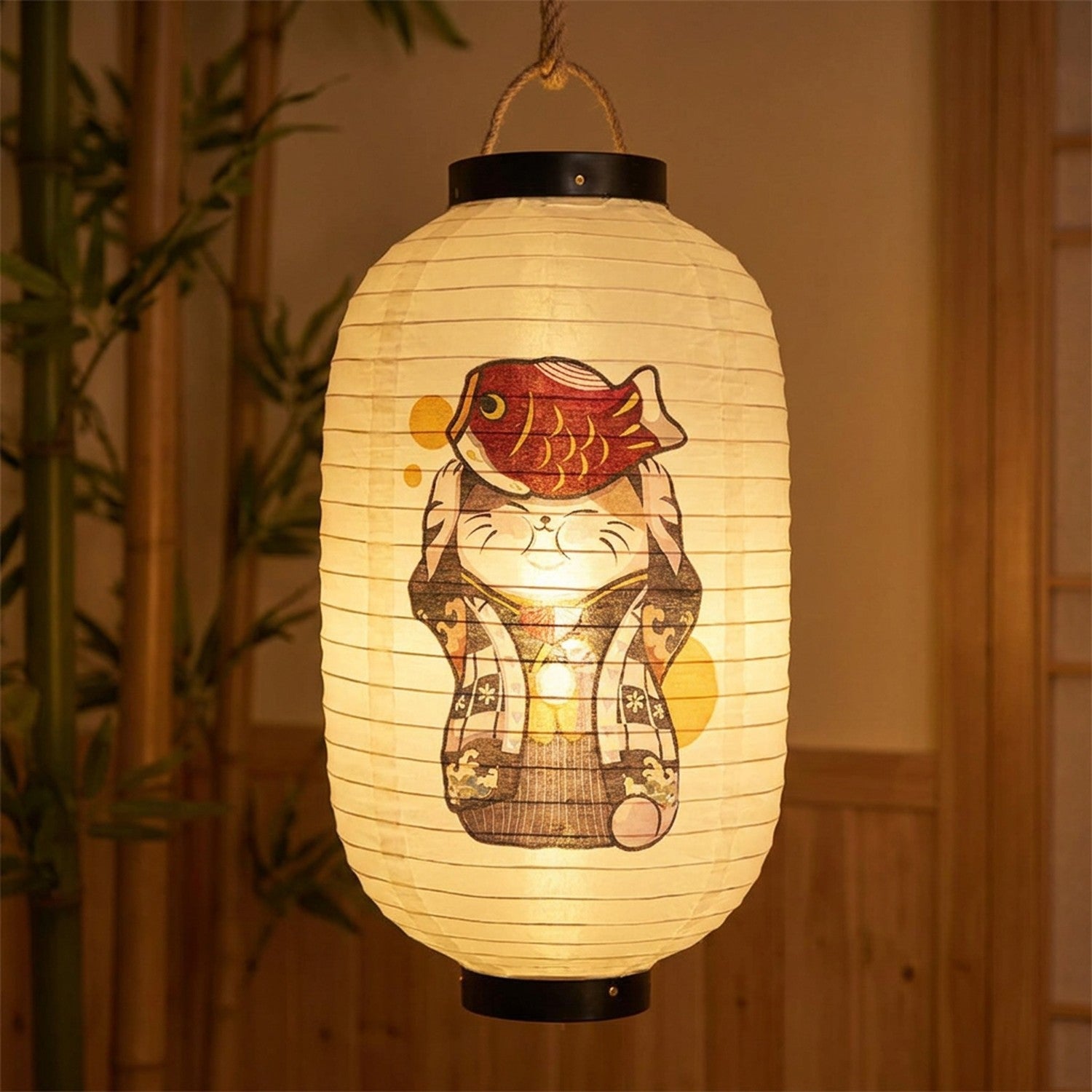 Lanterne japonaise motif chat chanceux maneki-neko avec chapeau poisson koi