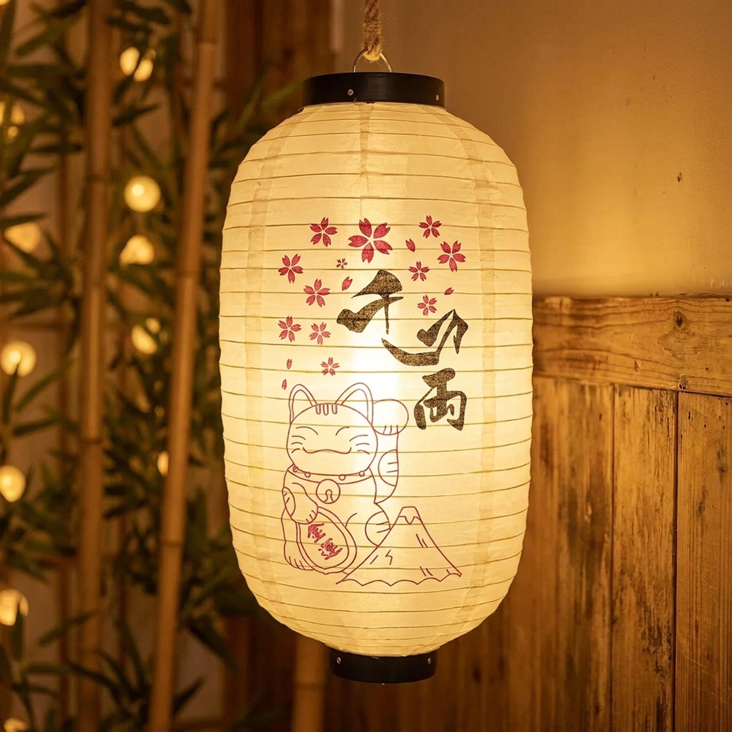 Lanterne japonaise motif fleur de cerisier sakura avec chat porte-bonheur