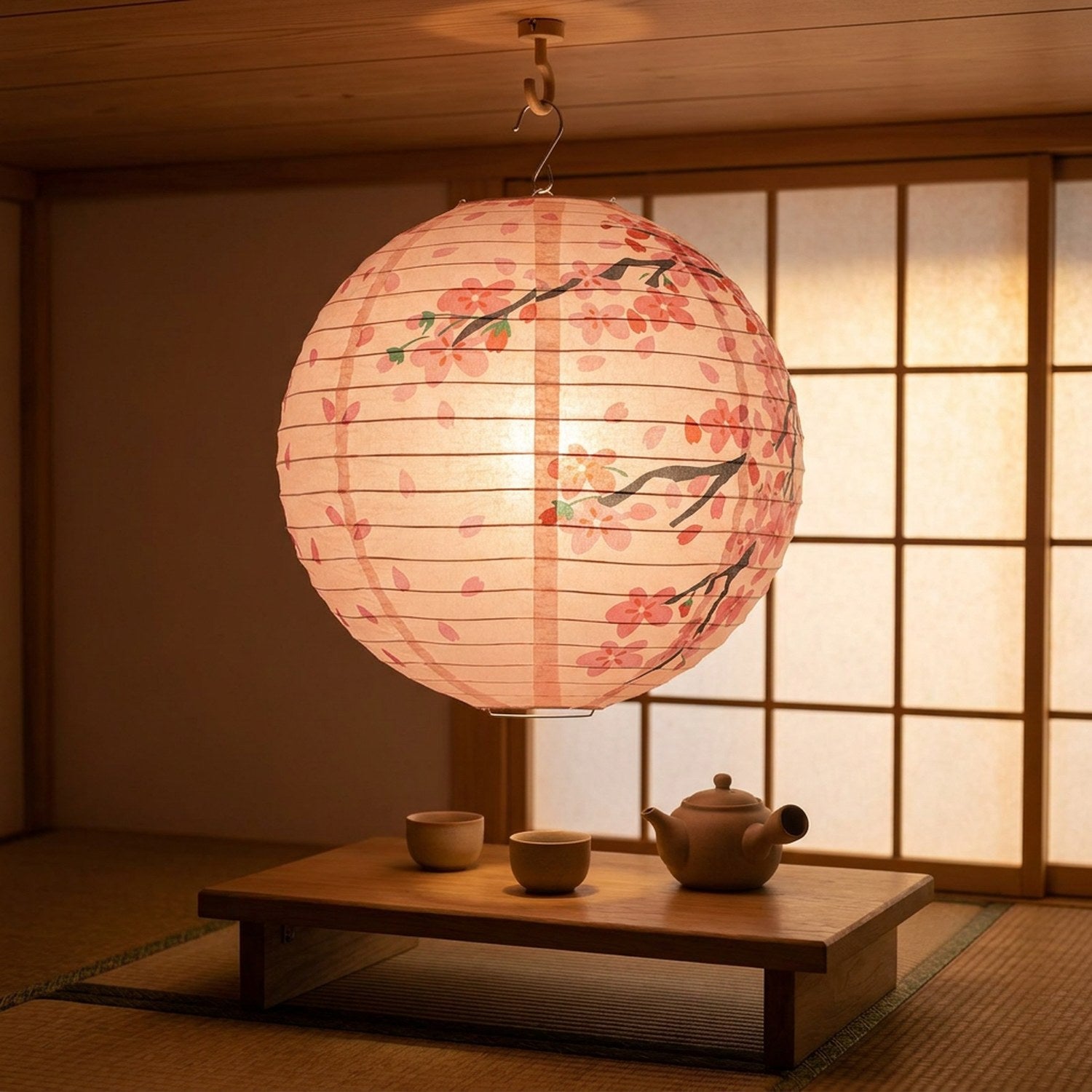Lanterne en papier style japonais diffusant une lumière chaude dans un salon de thé avec shoji et tatami