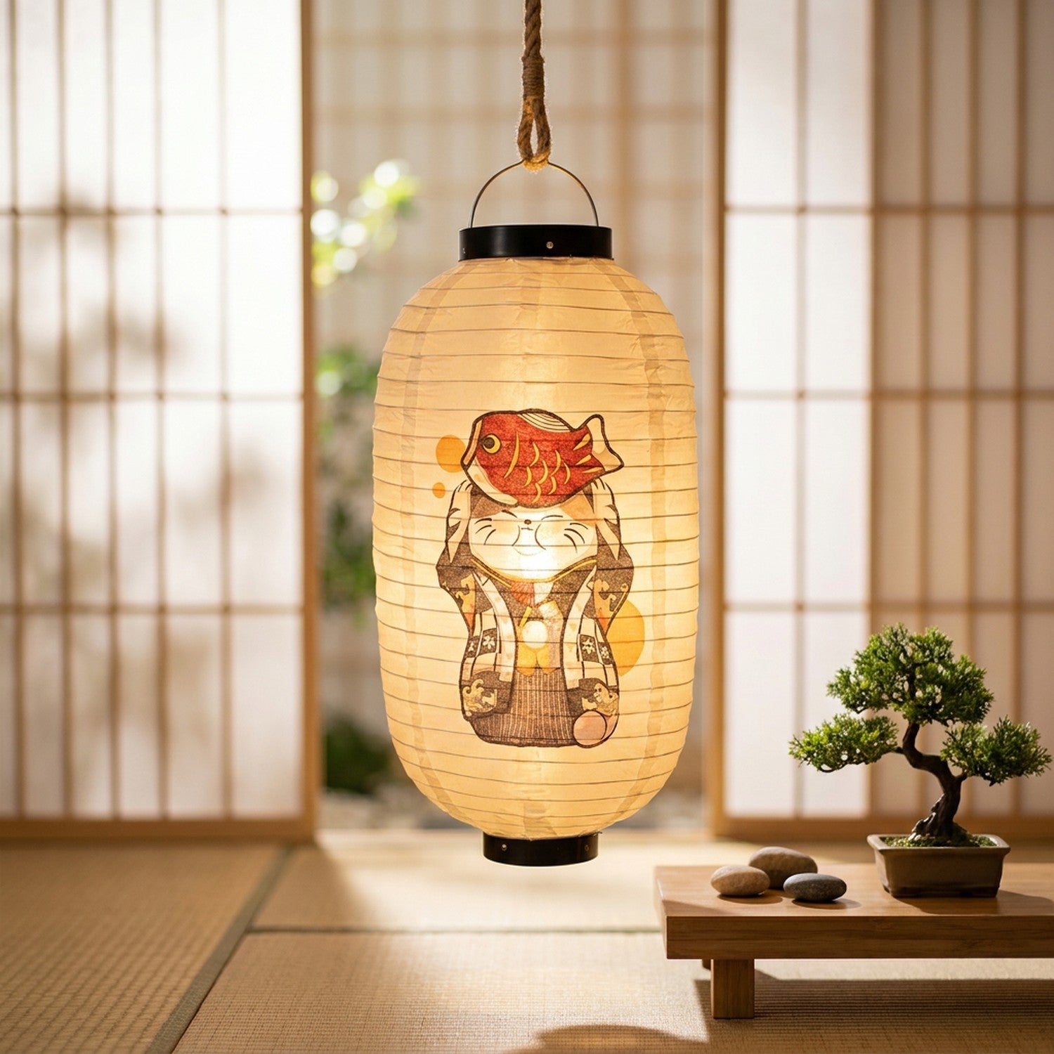 Lanterne japonaise papier suspendue dans une pièce zen avec tatami shoji et bonsaï