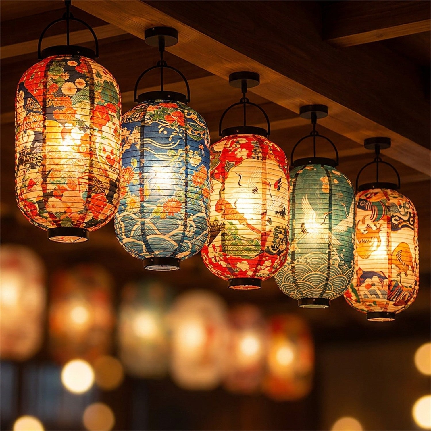 Lanterne japonaise suspendue rétro – 5 motifs chōchin fond boisé