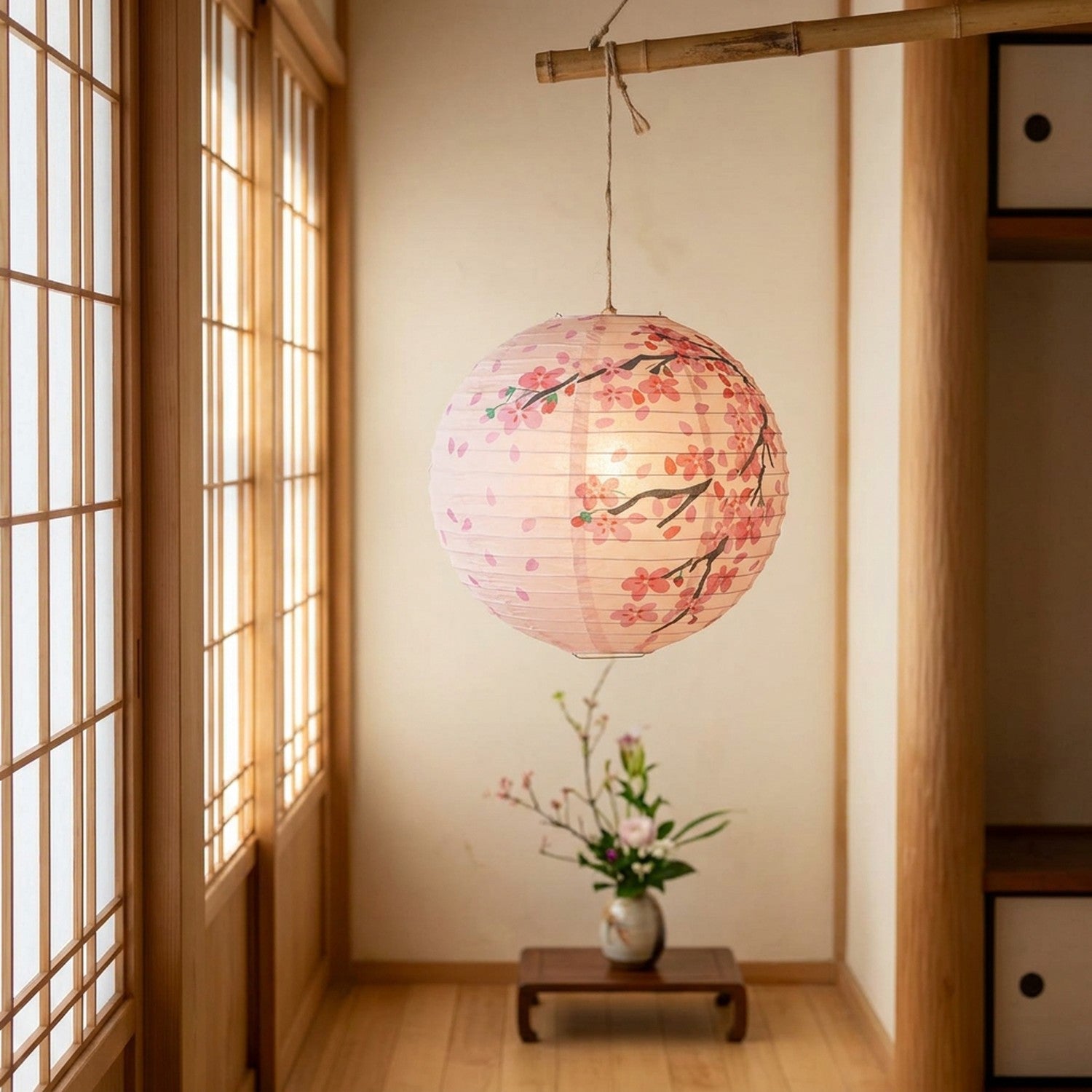 Lanterne japonaise en papier fleurs de cerisier suspendue dans un intérieur japonais traditionnel