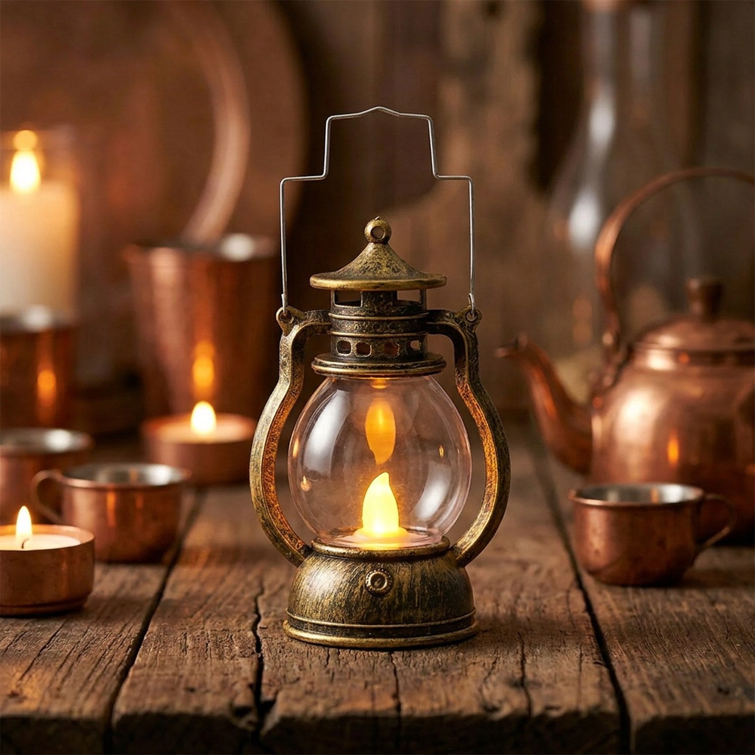 Lanterne LED rétro couleur bronze doré avec bougie vacillante allumée