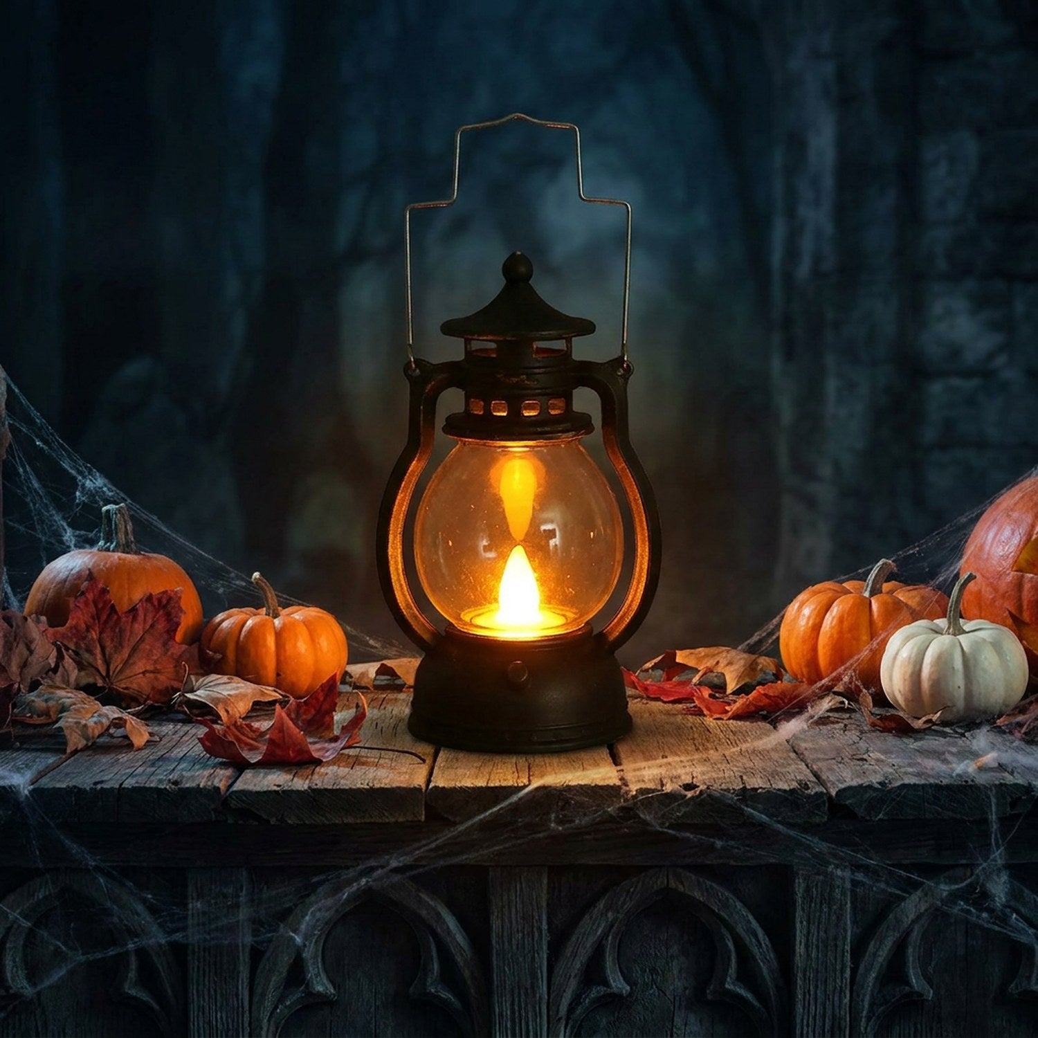 Lanterne LED rétro illuminant une décoration d'Halloween avec citrouilles et bougies