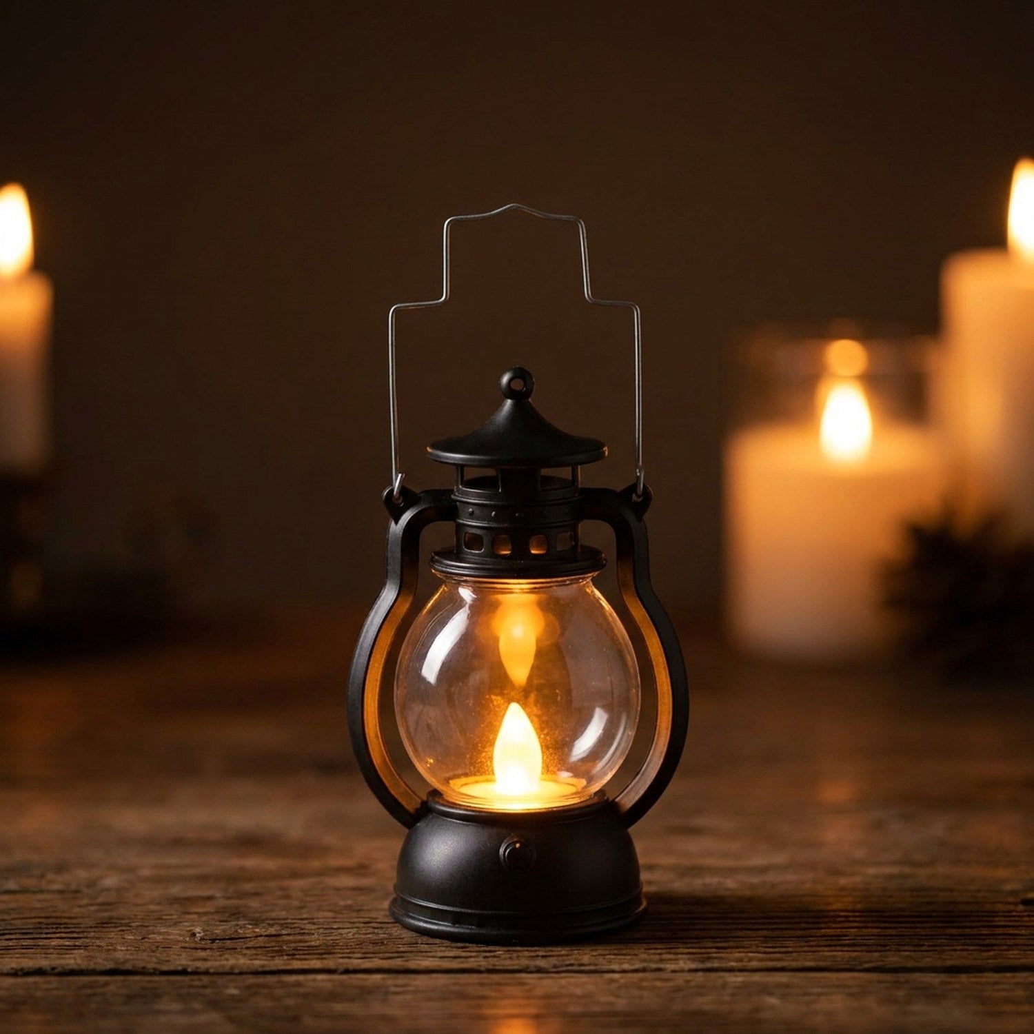 Lanterne LED rétro couleur noire avec bougie vacillante allumée