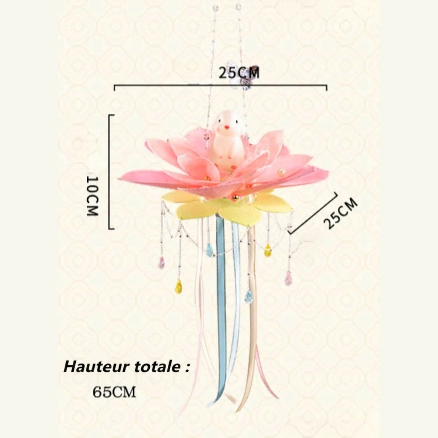 Schéma des dimensions de la lanterne lotus avec hauteur totale 65 cm