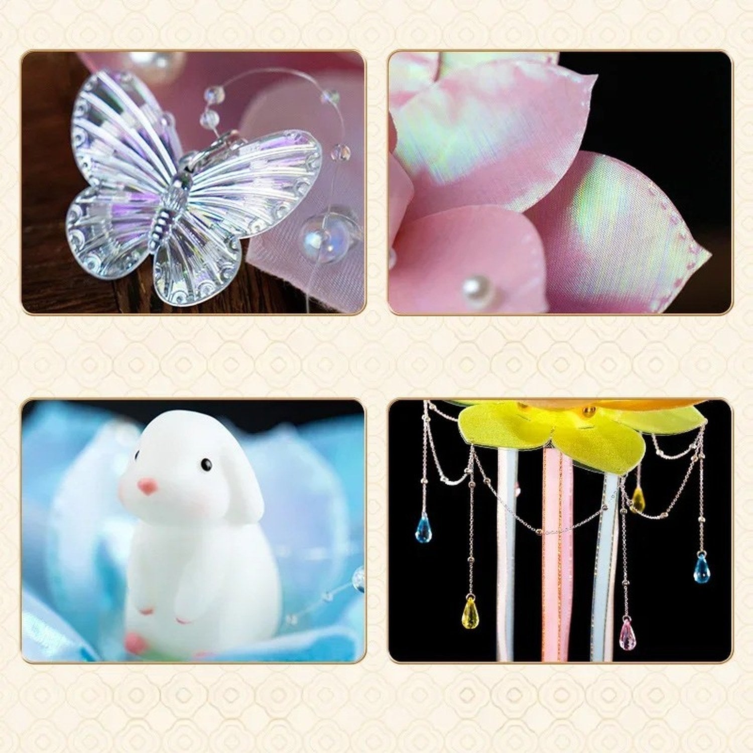 Détails de la lanterne lotus, papillon en cristal, pétales en tissu et figurine lapin