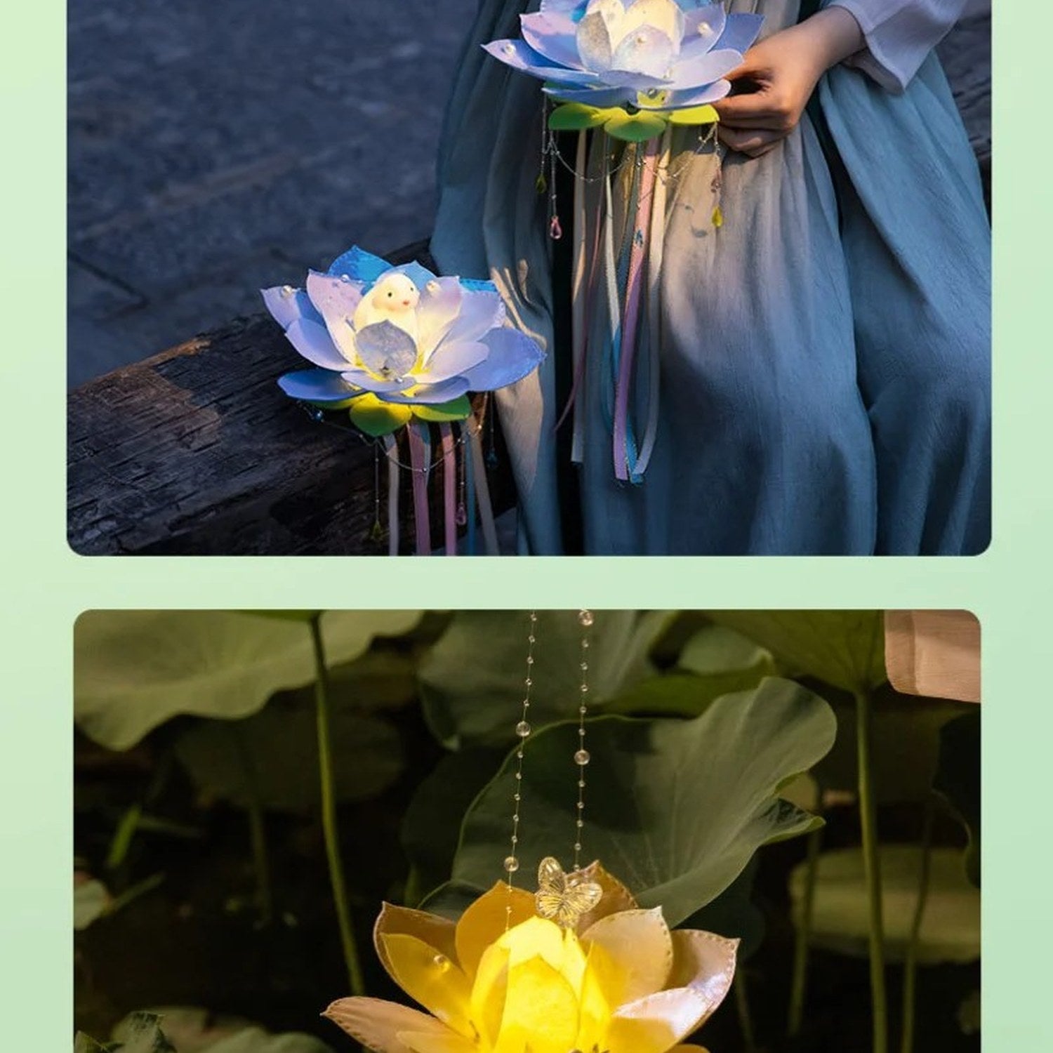 Lanternes lotus bleue et dorée tenues à la main en extérieur le soir