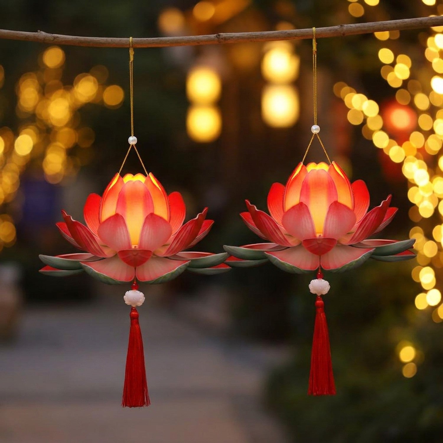 Deux lanternes lotus LED suspendues à une branche dans un jardin au crépuscule