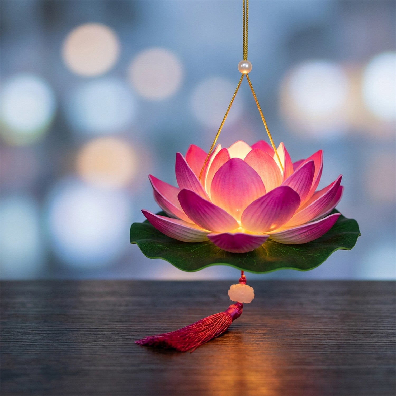 Lanterne fleur de lotus LED rose foncé allumée avec lueur dorée