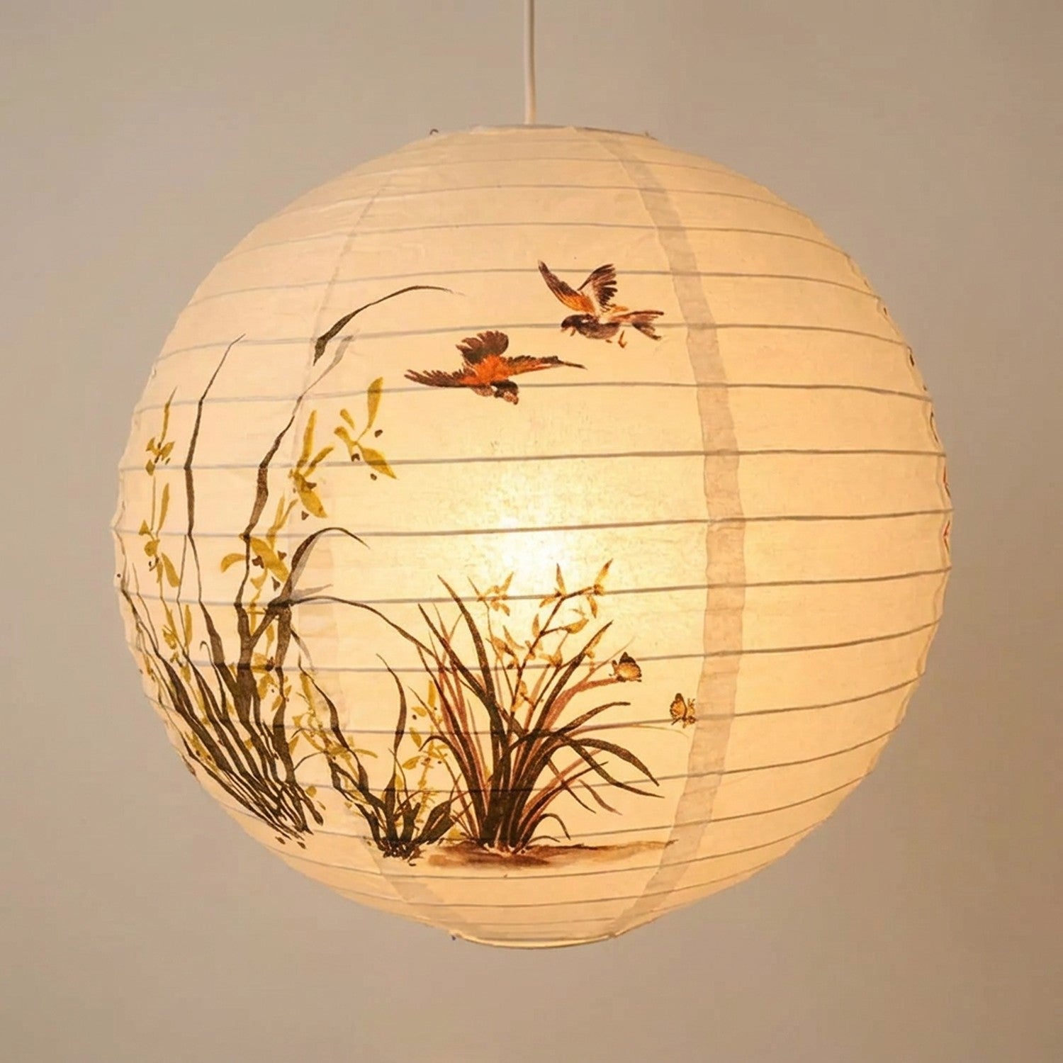 Lanterne chinoise papier motif orchidée oiseaux lumière dorée
