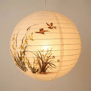 Lanterne chinoise papier motif orchidée oiseaux lumière dorée