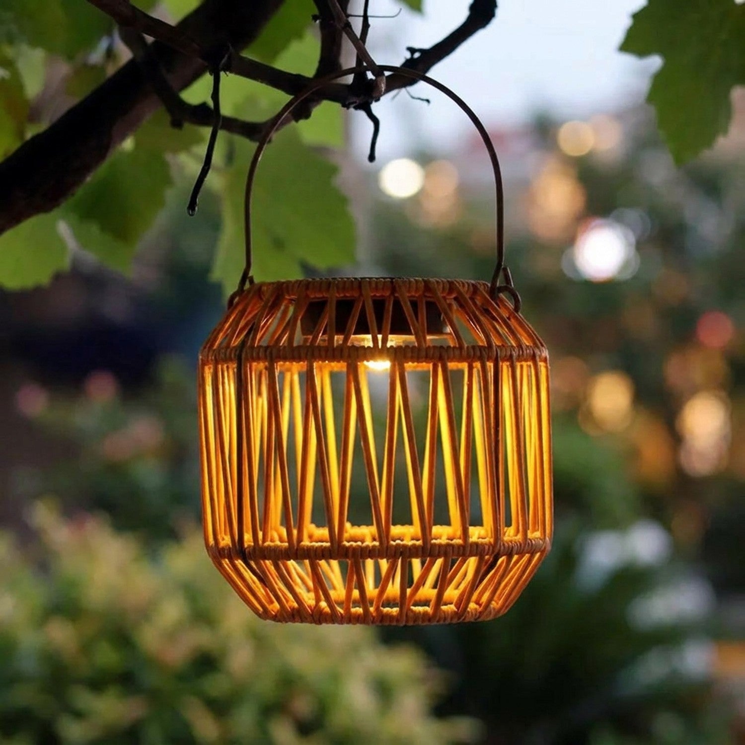 Lanterne solaire cylindrique style rotin suspendue à une branche de jardin avec lumière chaude