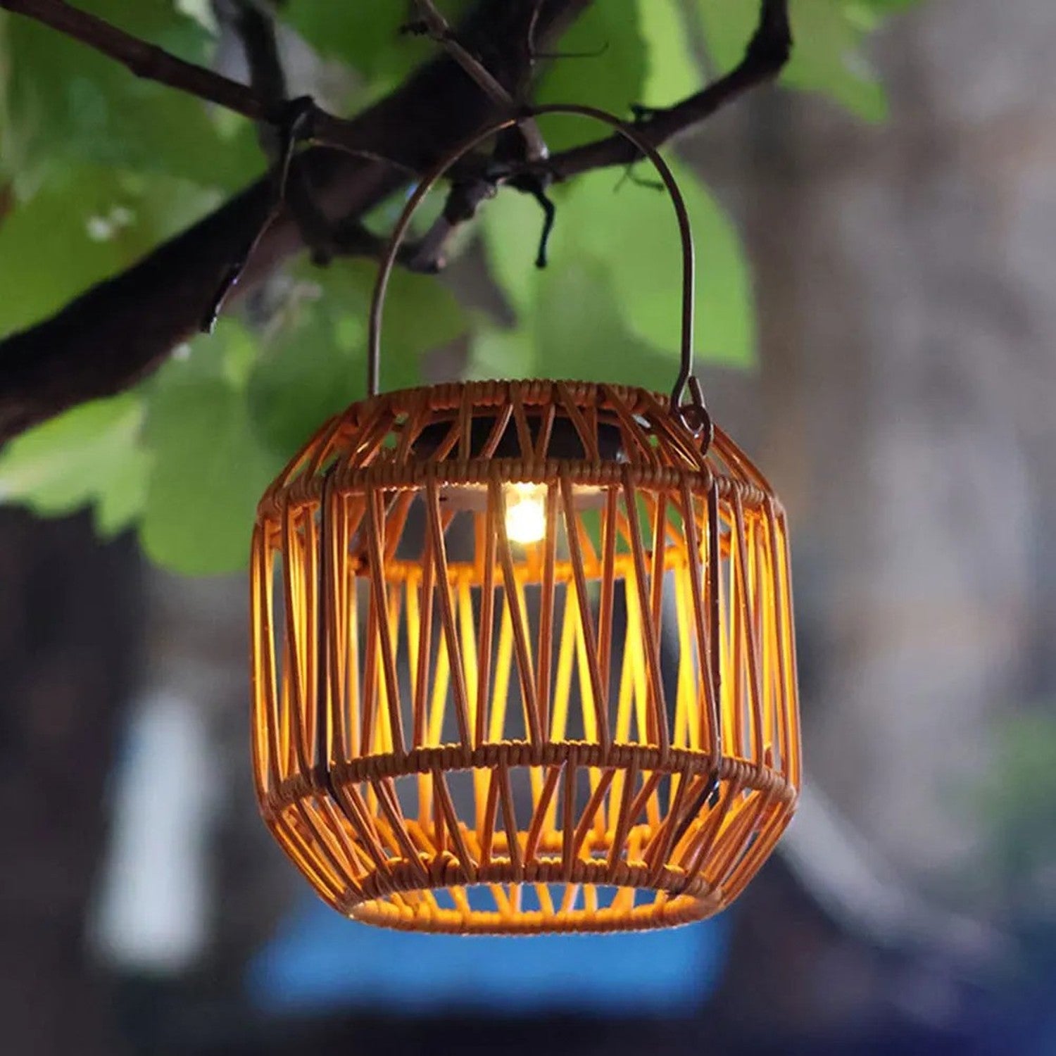 Lanterne cylindrique style rotin suspendue à une branche avec éclairage ambré en extérieur