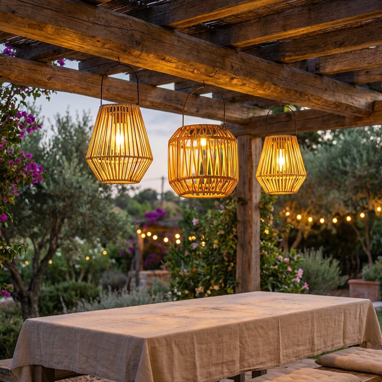 Lanternes solaires style rotin suspendues sous une pergola méditerranéenne au crépuscule