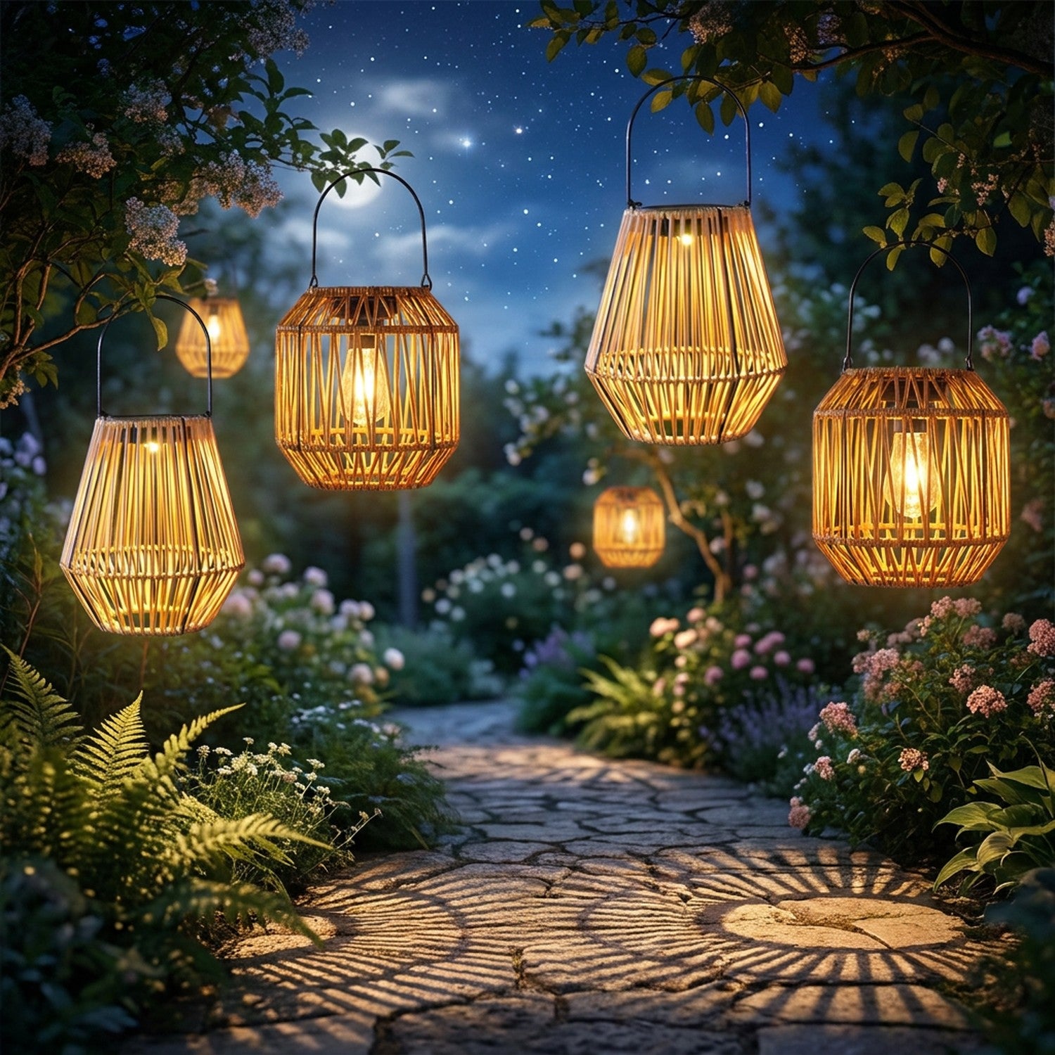 Lanternes solaires style rotin illuminant un sentier de jardin sous un ciel étoilé
