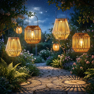 Lanternes solaires style rotin illuminant un sentier de jardin sous un ciel étoilé