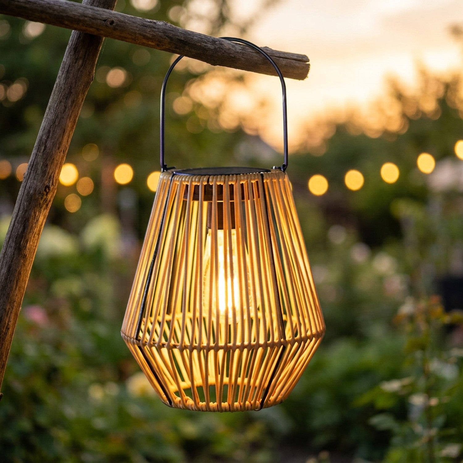 Lanterne solaire style rotin suspendue dans un jardin avec lumière LED chaude allumée au crépuscule