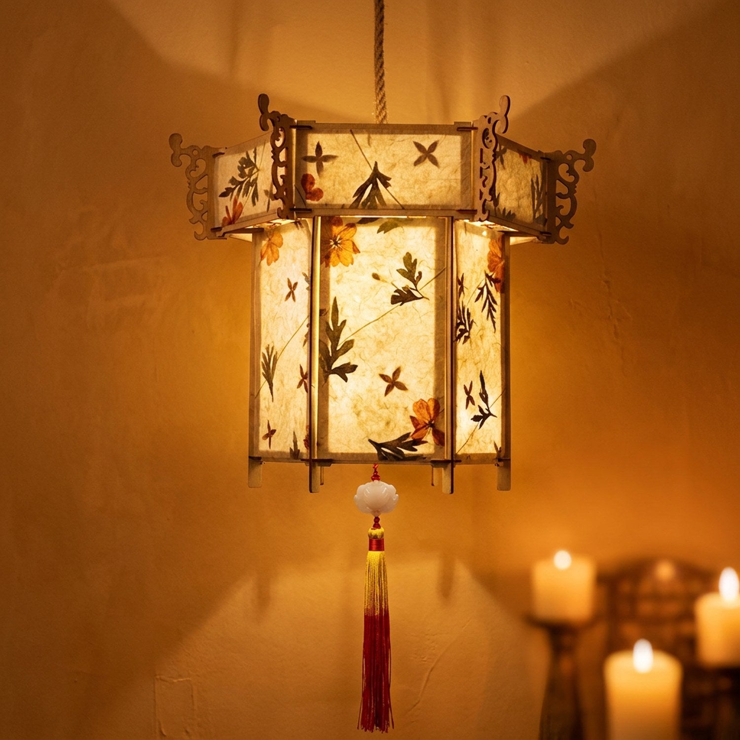 Lanterne chinoise Pavillon en papier DIY avec fleurs séchées et guirlande LED