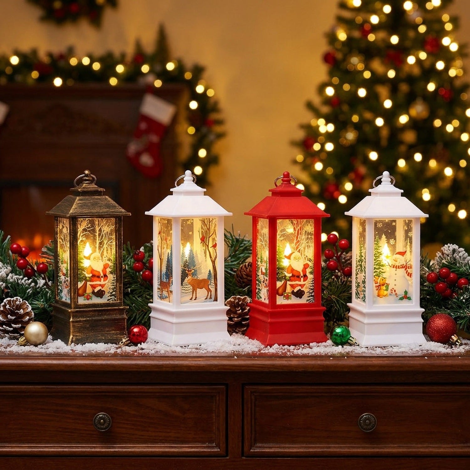 Lot de quatre lanternes de Noël LED assorties dans un décor festif