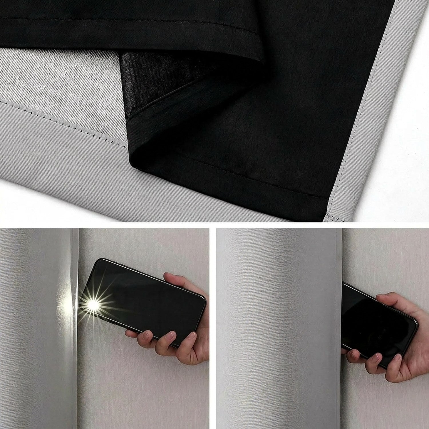 Double couche occultante du rideau testée avec la lumière d'un téléphone