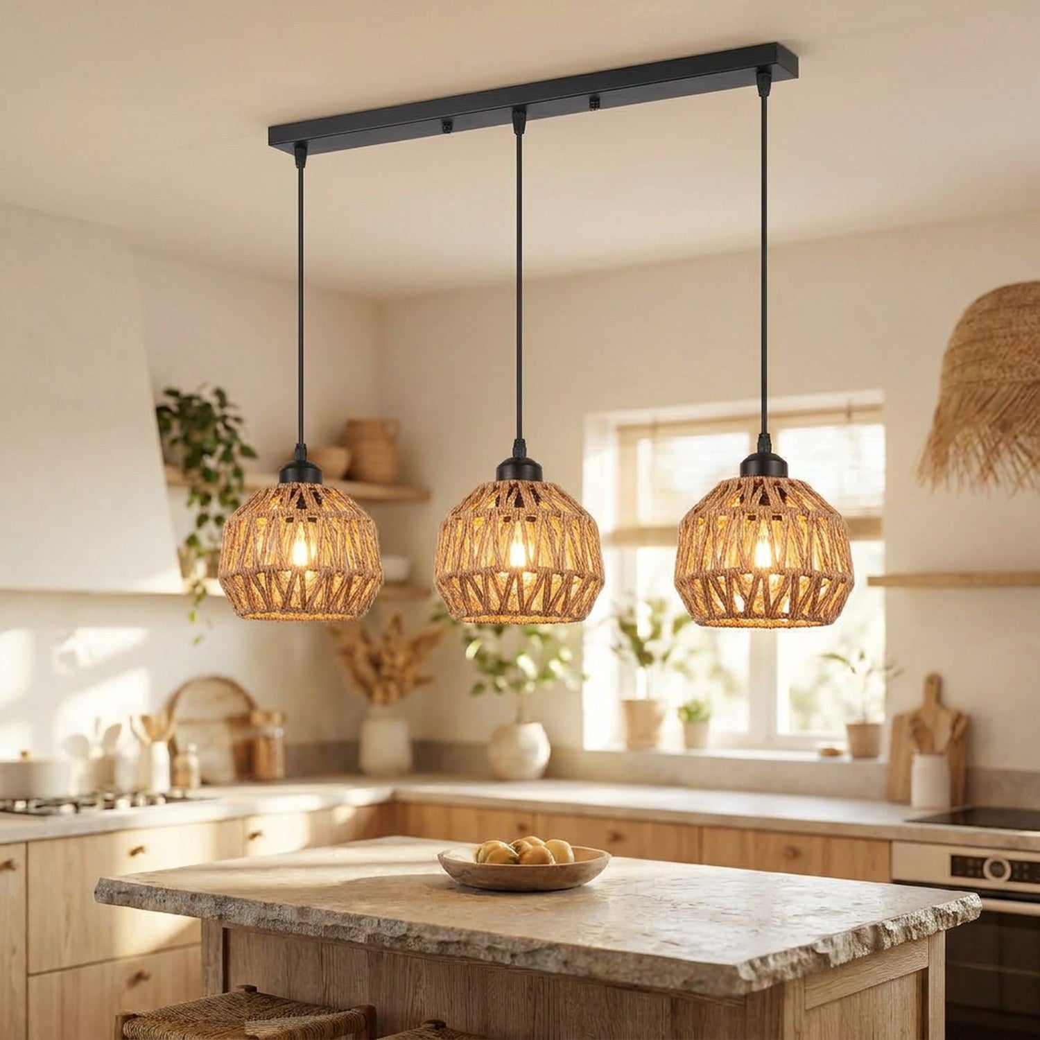 Lustre linéaire trois lampes en corde de chanvre beige au-dessus d'un îlot de cuisine