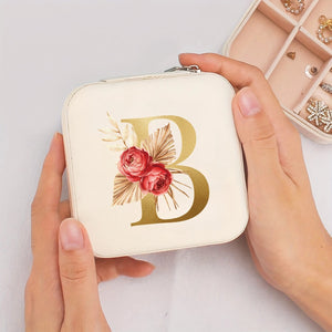 Boîte à bijoux de voyage initiale B dorée et fleurs bohème