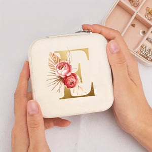 Boîte à bijoux de voyage initiale E dorée et fleurs bohème
