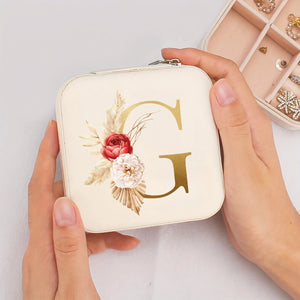 Boîte à bijoux de voyage initiale G dorée et fleurs bohème