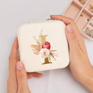 Boîte à bijoux de voyage initiale I dorée et fleurs bohème