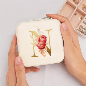 Boîte à bijoux de voyage initiale N dorée et fleurs bohème
