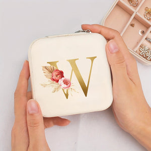 Boîte à bijoux de voyage initiale W dorée et fleurs bohème