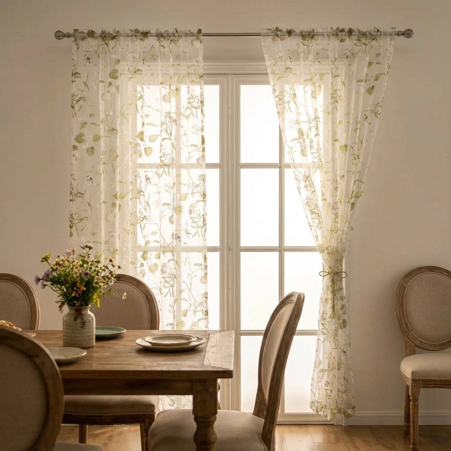 Voilage tulle fleuri devant une porte fenêtre dans une salle à manger champêtre avec table en bois